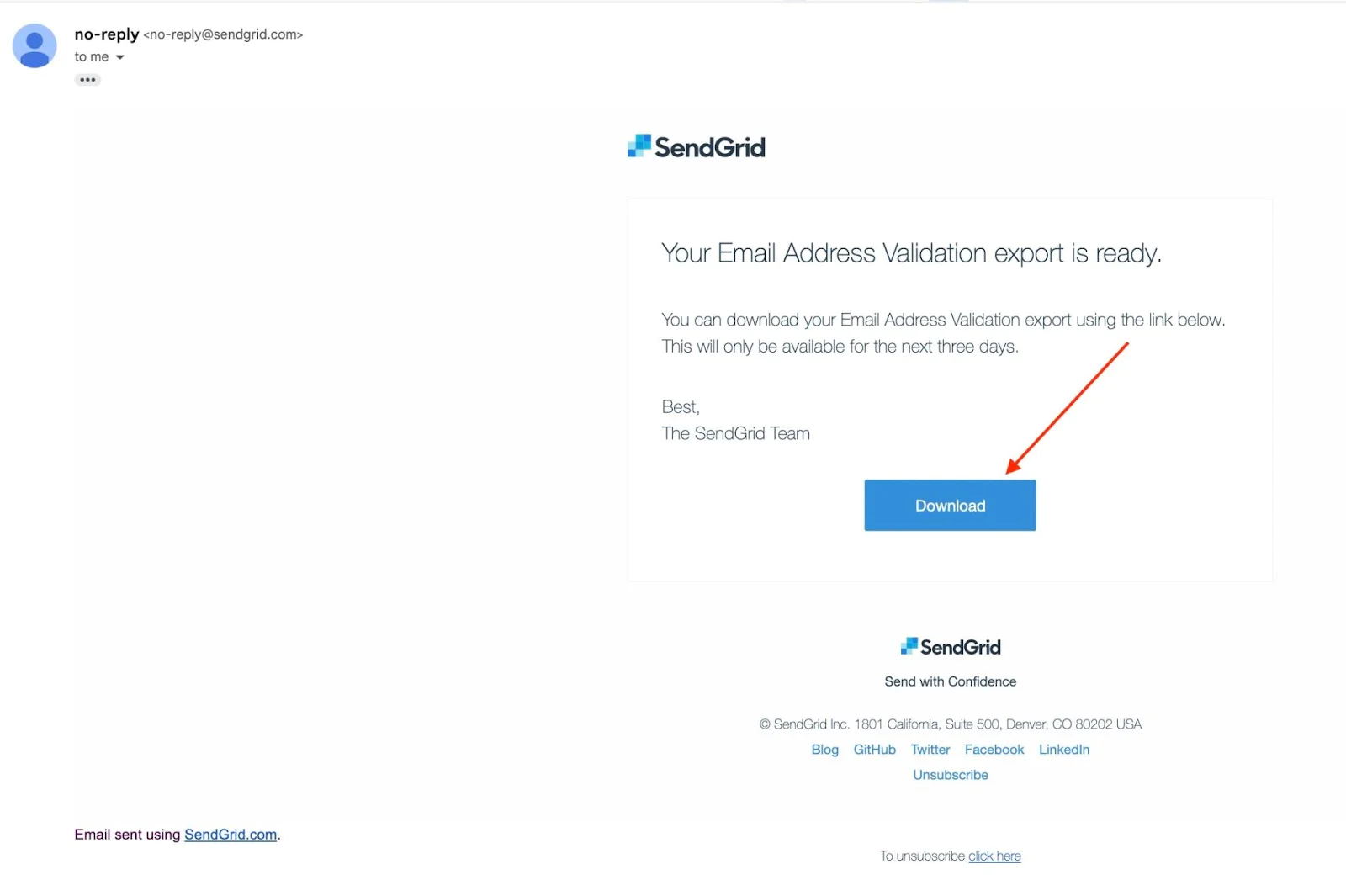 Snapshot of the email from SendGrid when the email validation export is ready