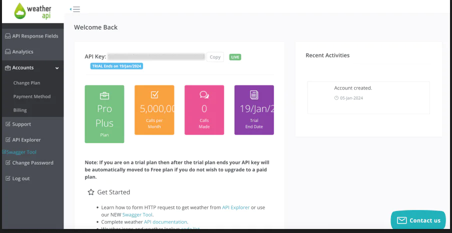 Screenshot of the WeatherAPI dashboard highlighting the API key location with a prompt to copy the key." Screenshot of the WeatherAPI dashboard highlighting the API key location with a prompt to copy the key."
