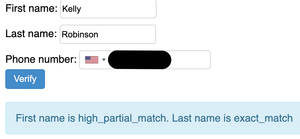 A form showing first name as Kelly, last name as Robinson, and phone number partially hidden.