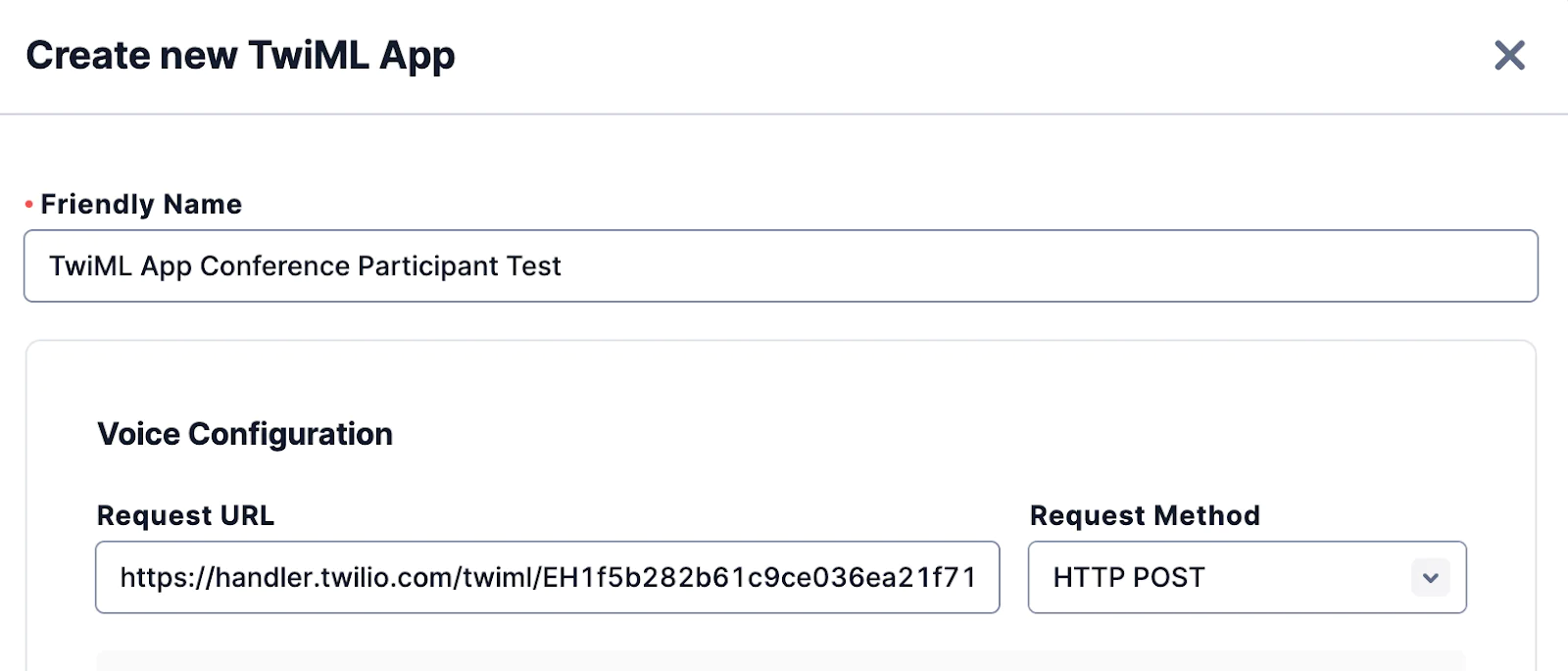Screen showing form to create a new TwiML app with name, request URL, and request method options.