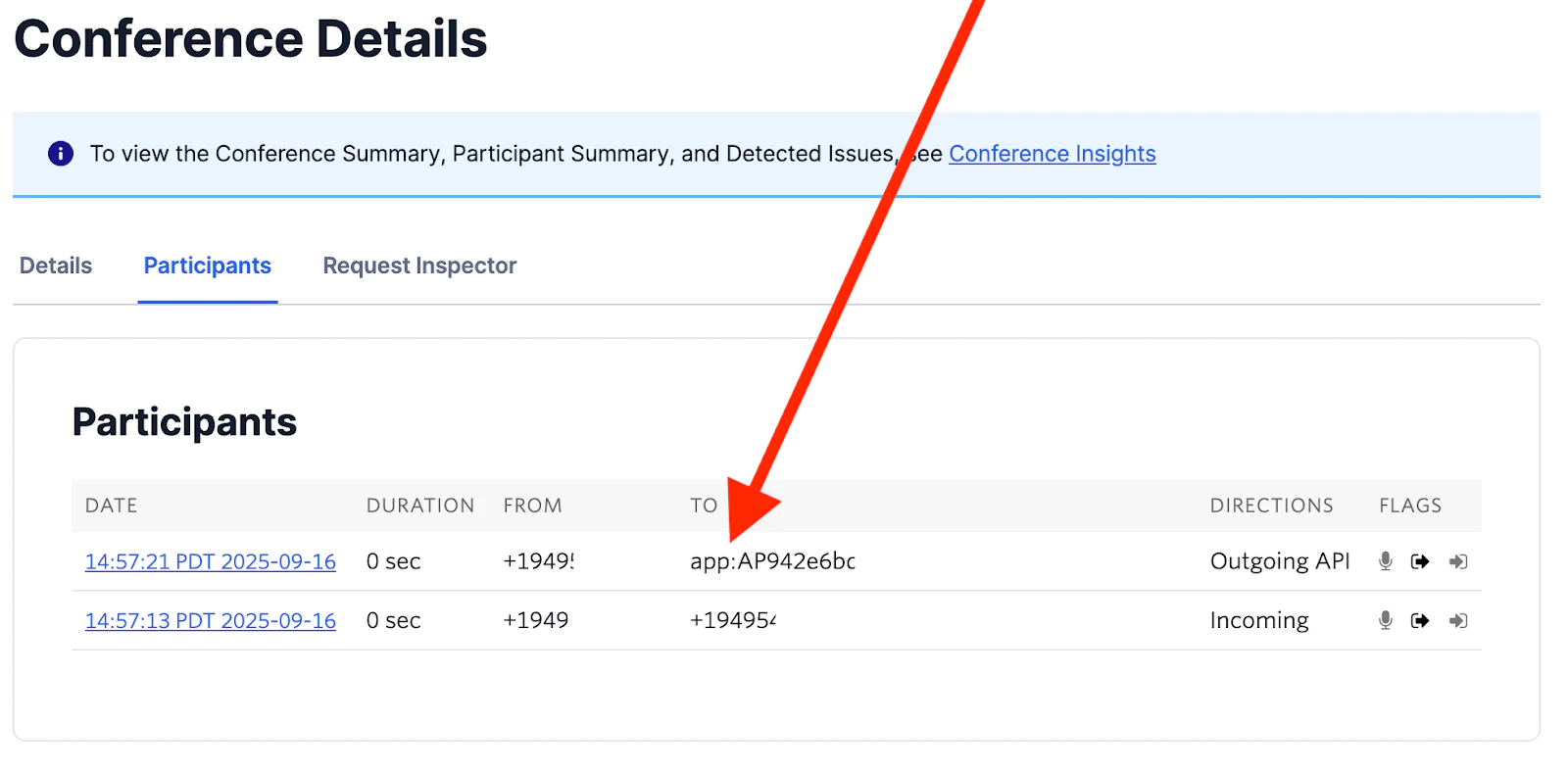 Conference details interface showing participant data, including duration, from/to, directions, and flags.