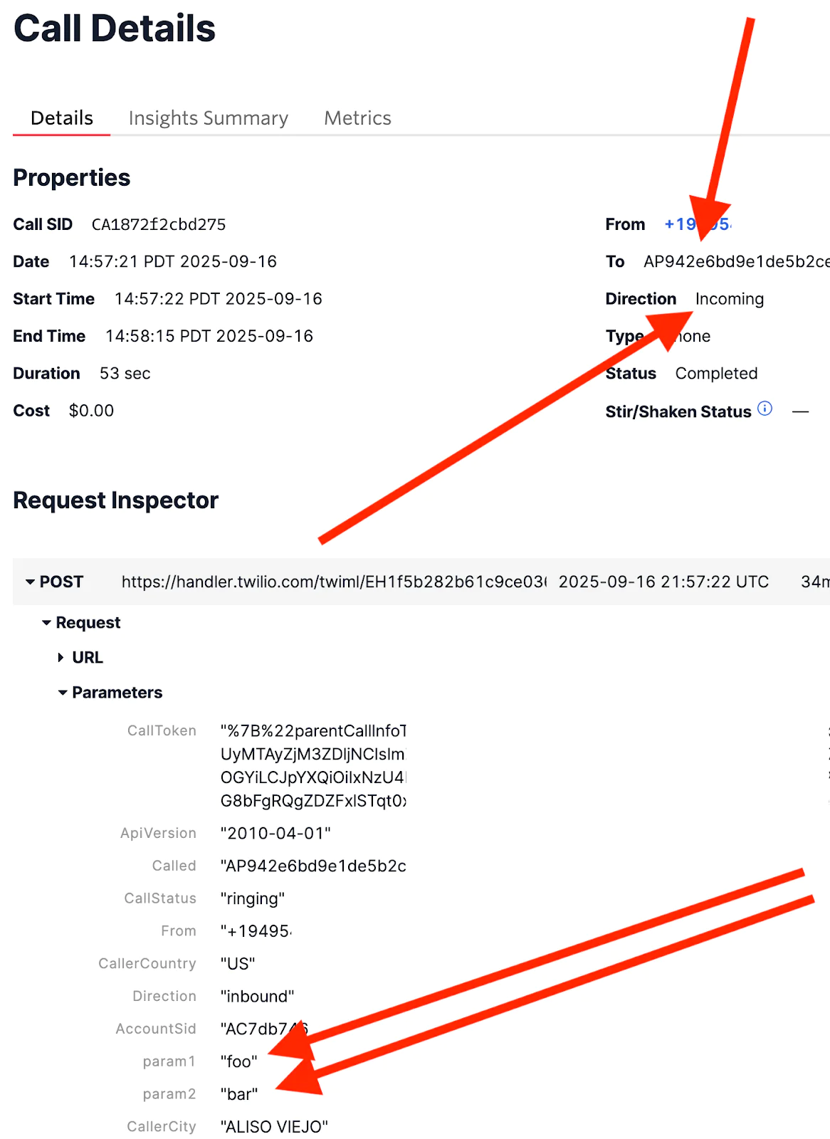 Screenshot of Twilio call details showing properties, request inspector, and signaling information.