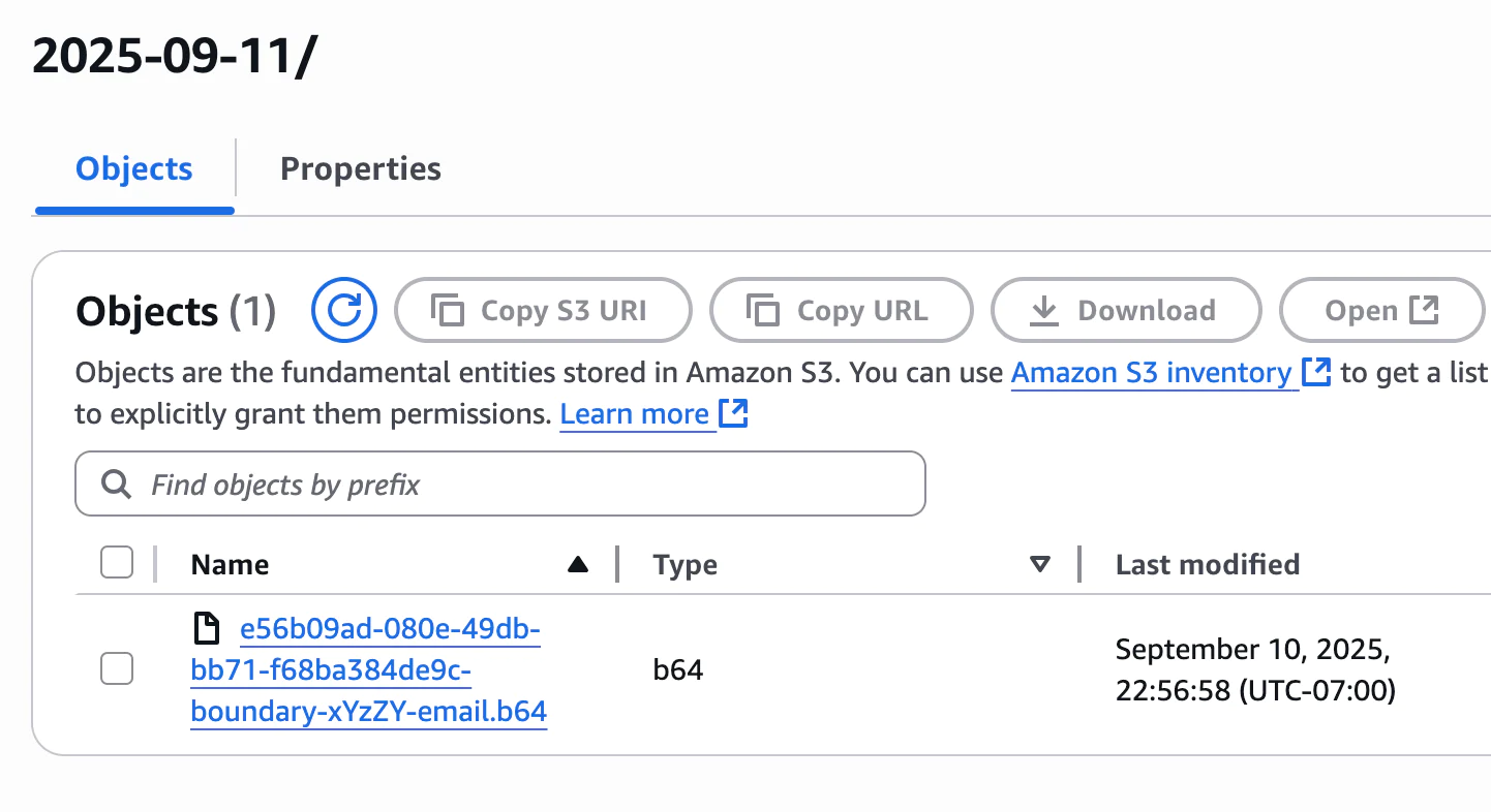 Screenshot of Amazon S3 interface showing an object with its details and options for actions taken on September 10, 2025.