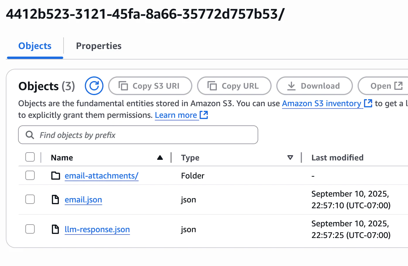 Amazon S3 interface showing details of objects within a specific bucket, including timestamps and JSON files.