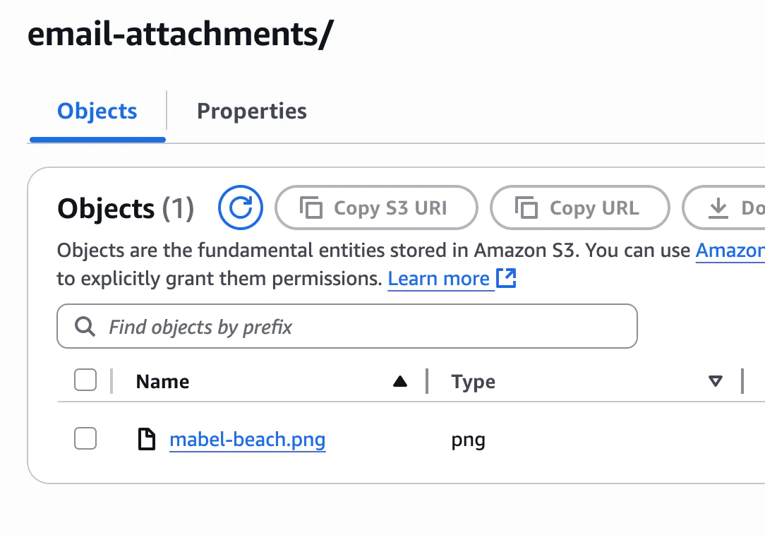 Interface of Amazon S3 Storage displaying an uploaded file named mabel-beach.png.