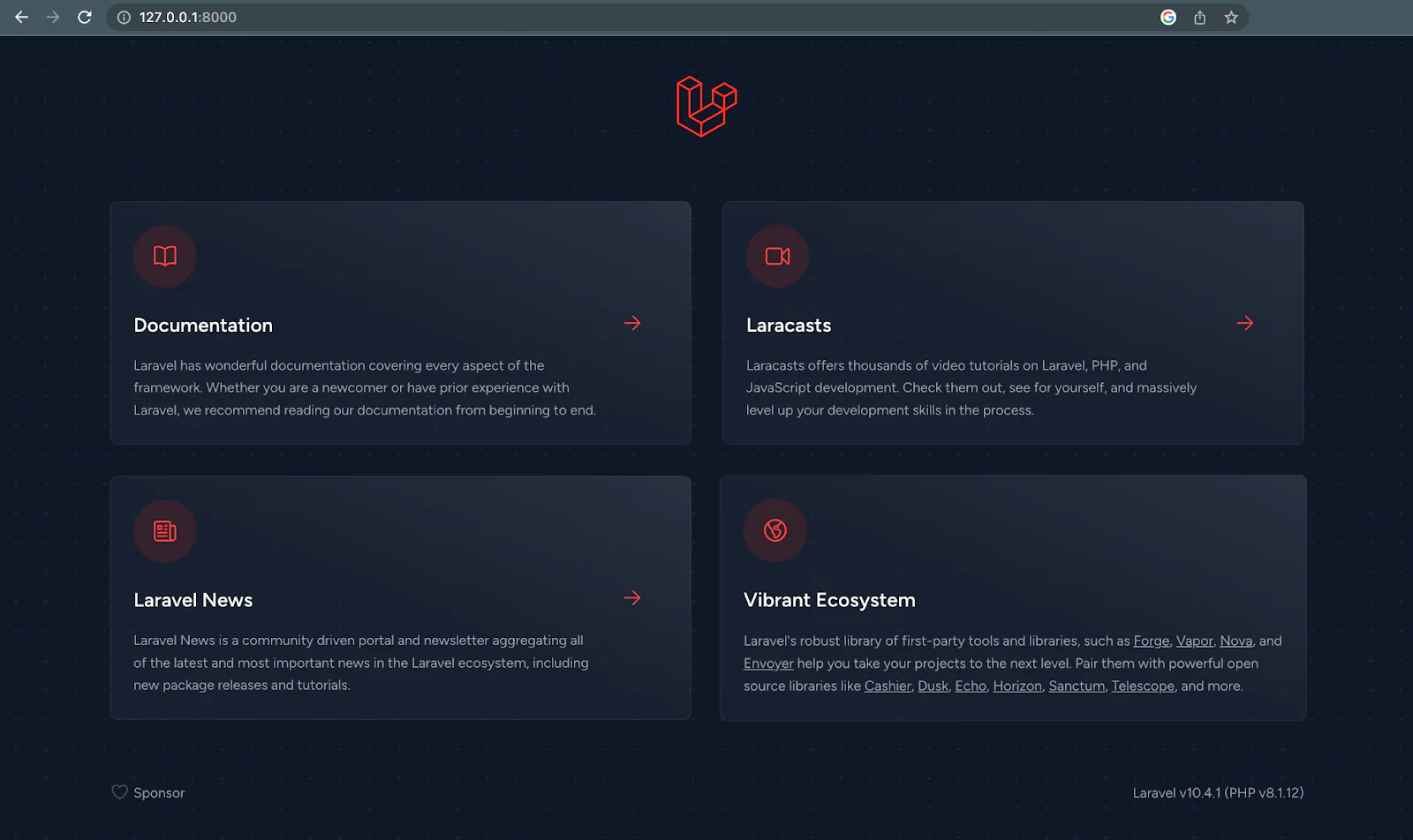 Home page of a freshly created Laravel project in dark theme. Page contains helpful links to the Laravel documentation.