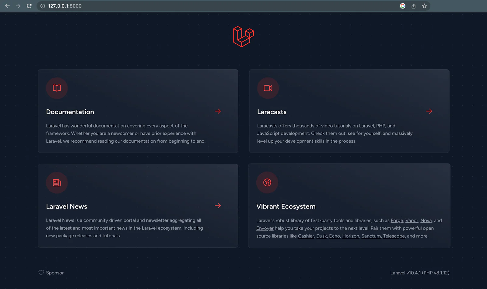 Home page of a freshly created Laravel project in dark theme. Page contains helpful links to the Laravel documentation. Home page of a freshly created Laravel project in dark theme. Page contains helpful links to the Laravel documentation.