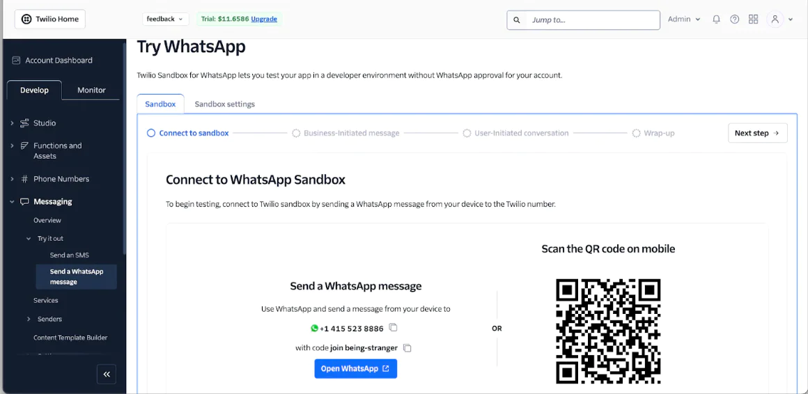 Twilio dashboard showing WhatsApp Sandbox setup with a QR code, phone number, and message instructions.