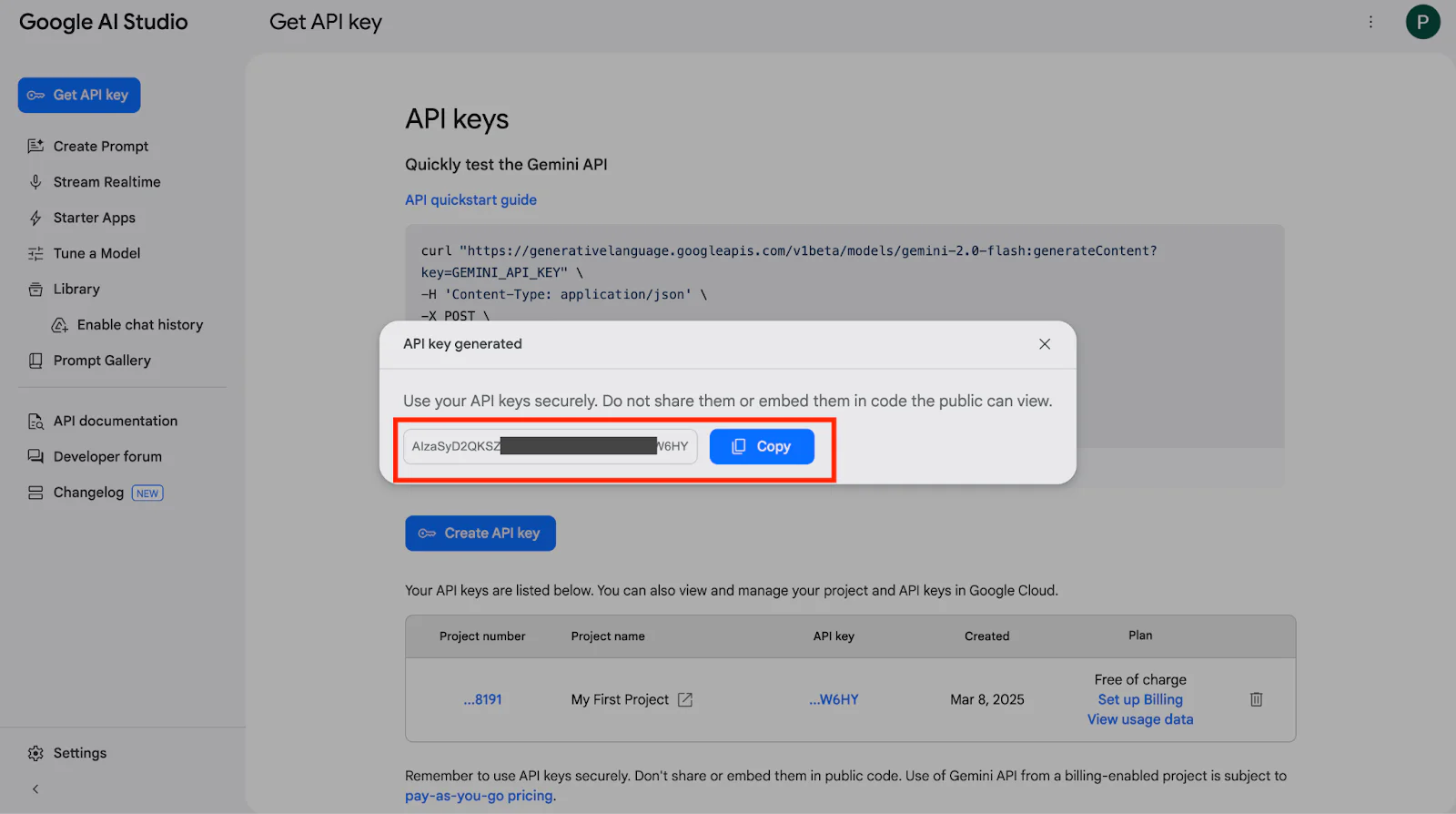 Screenshot showing the generation of a new API key in Google AI Studio with instructions for use.