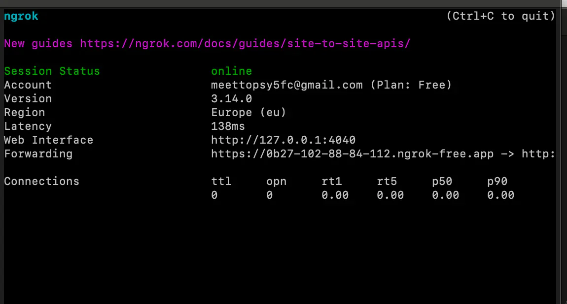 Screenshot of an Ngrok dashboard showing site-to-site API connection details, status, latency, and network info.