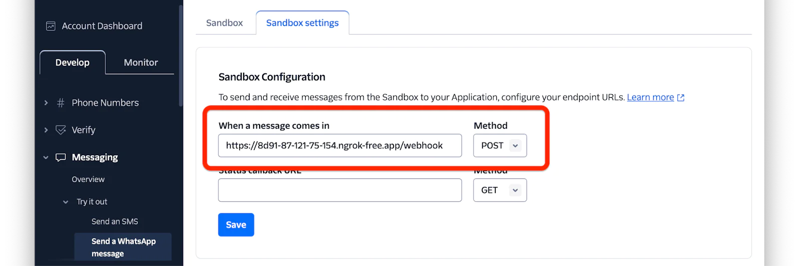 Web interface showing sandbox settings with a webhook URL and HTTP method for incoming messages