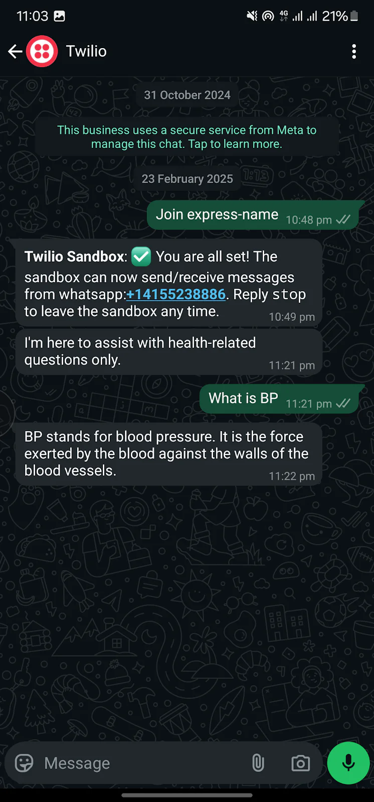 Twilio chat discussing joining express-name, WhatsApp integration, and defining blood pressure.