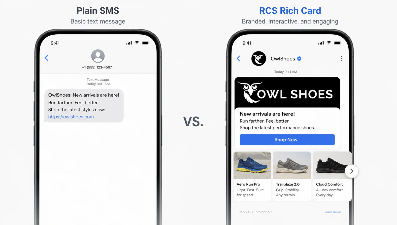 Two smartphones show the difference between plain SMS and RCS rich card messaging for OwlShoes.