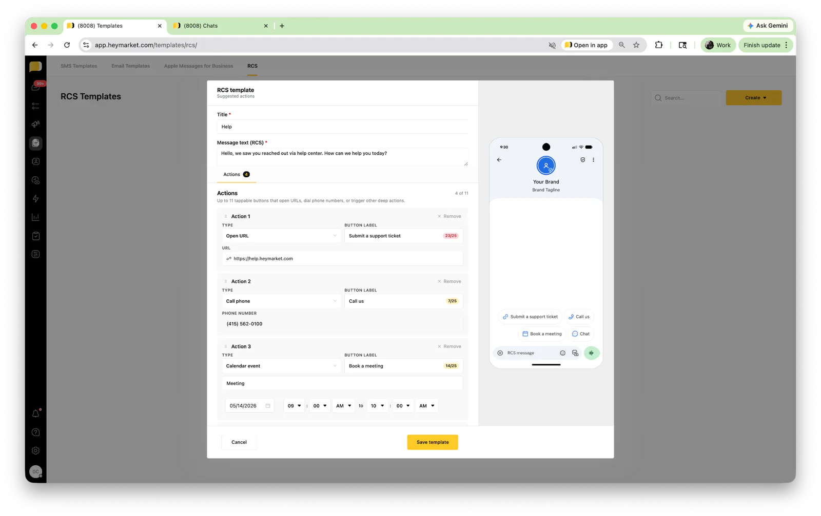 Screenshot of a user interface for creating an RCS template with message and action settings.