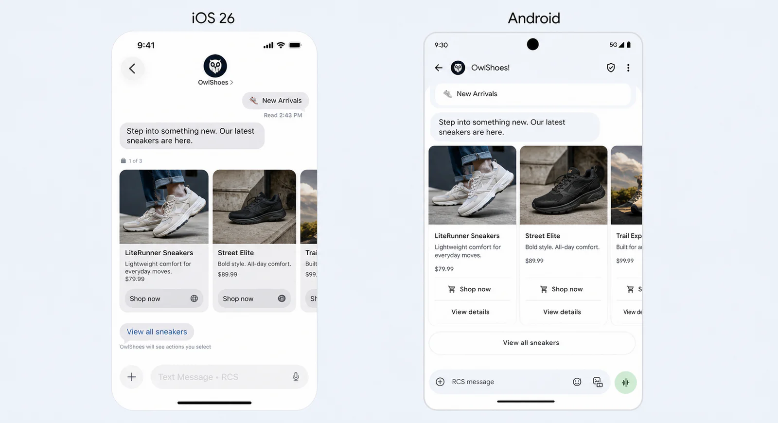Side-by-side comparison of iOS and Android chat apps showing shoe product suggestions.