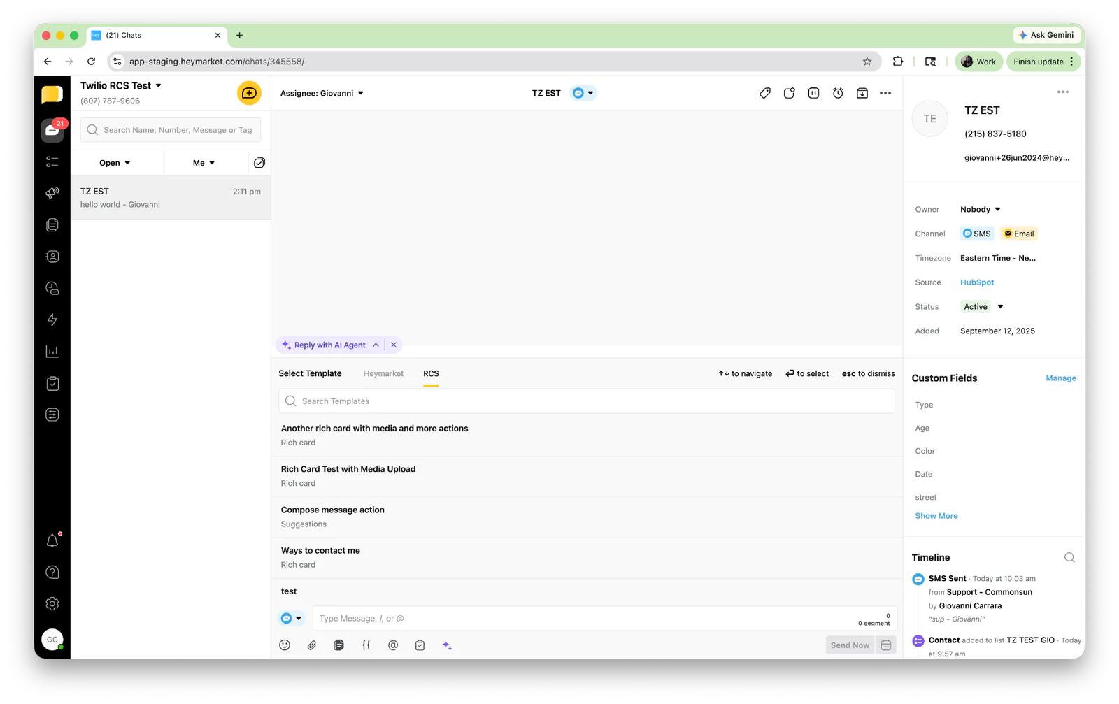 Twilio platform interface displaying task details for user with ID 6046 and custom fields.
