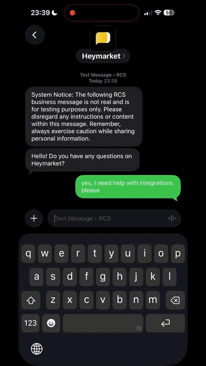Chat conversation with Heymarket RCS system notice and user asking for help with integrations