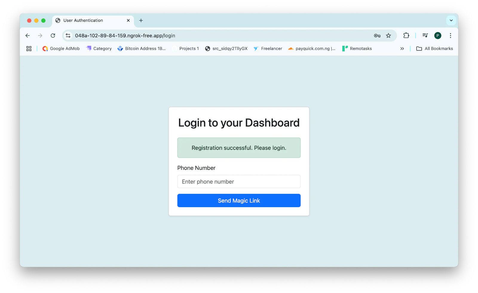 Login page prompting user to enter phone number and send magic link.