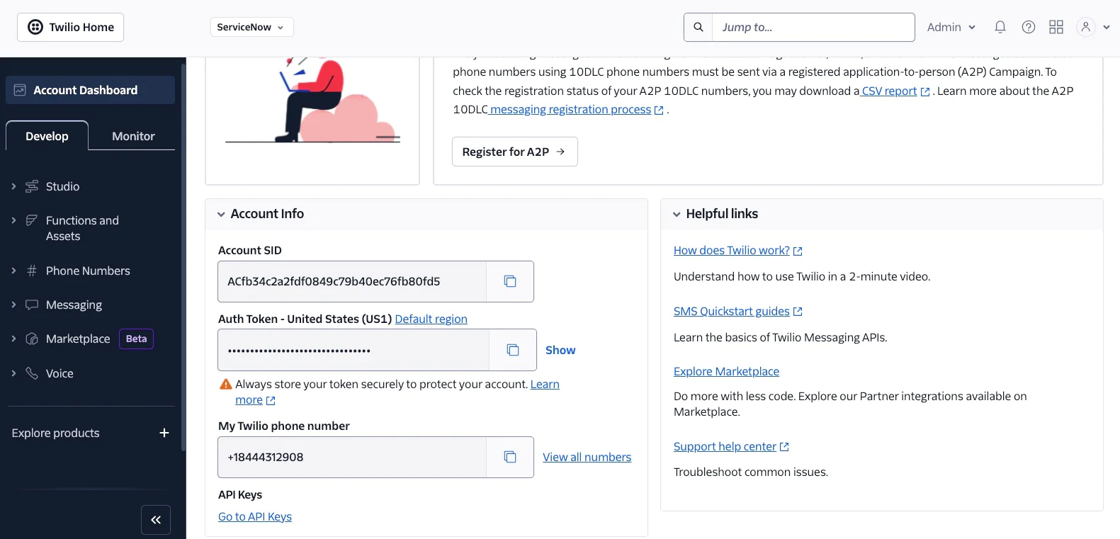 Twilio account dashboard showing account info, helpful links, and navigation menu for functions and numbers. Twilio console
