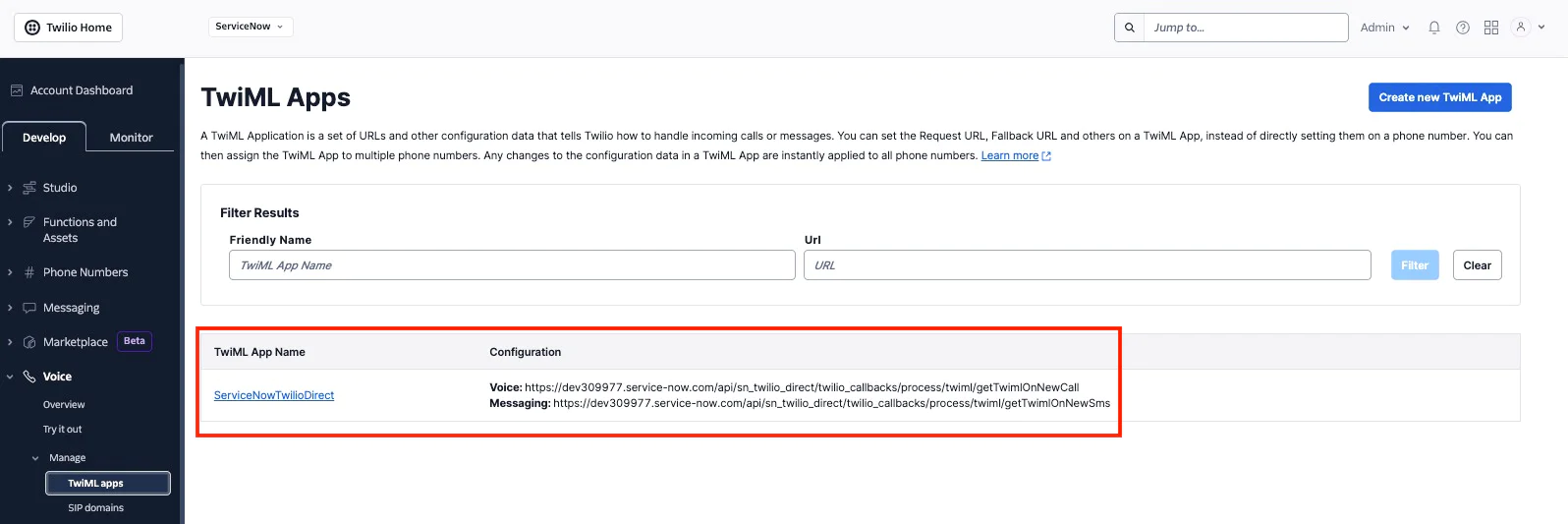 Twilio dashboard showing configuration for TwiML apps with highlighted app details. twiml on the console