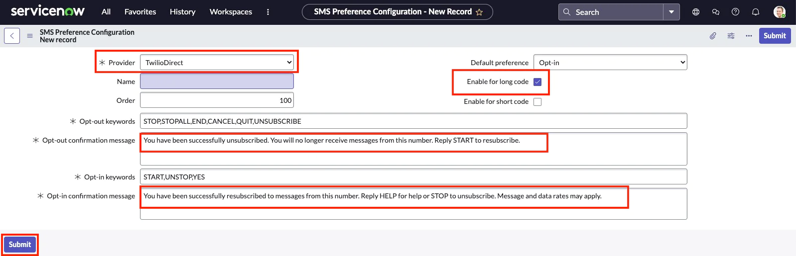 ServiceNow SMS preference configuration with options for TwilioDirect provider, opt-in/out keywords, and messages Twilio Notify SMS Preference Configurations