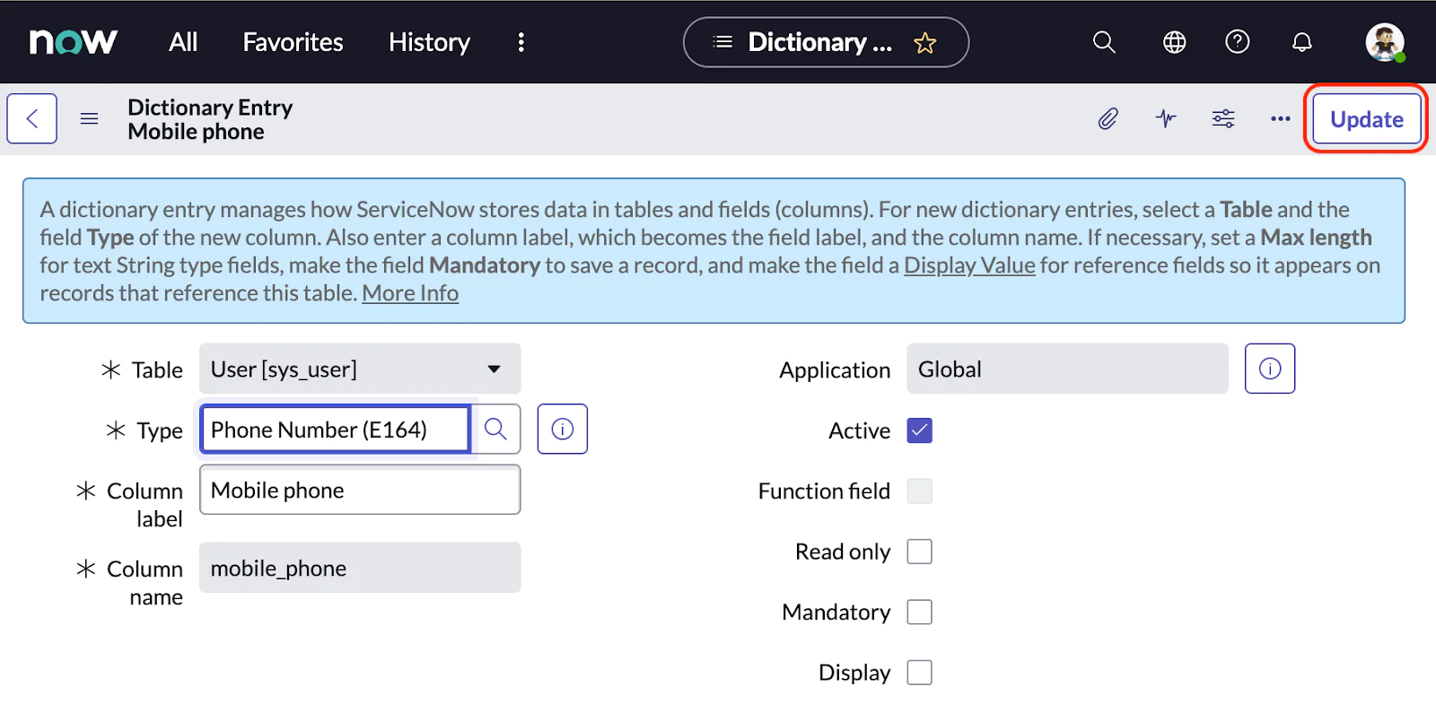 ServiceNow form for configuring a dictionary entry for a mobile phone field with various settings and update button. phone number update