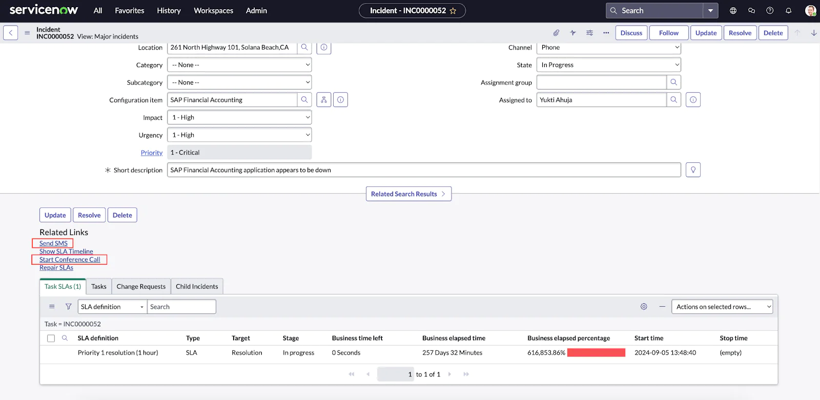 ServiceNow dashboard showing an active incident with a priority of High and various details filled in. incident page