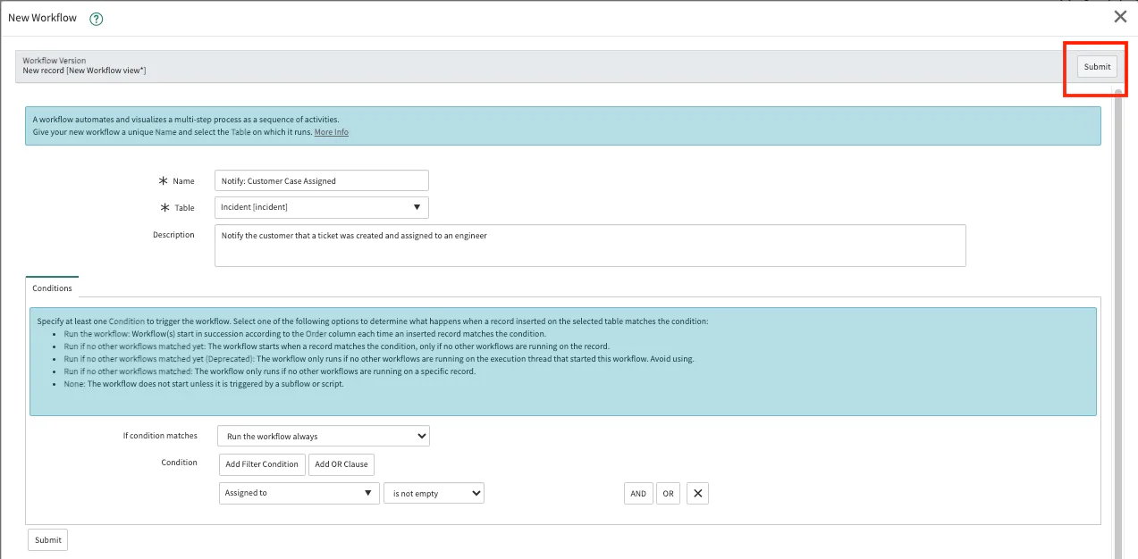 Screenshot of a new workflow setup form with conditions to notify customer case assigned. Notify: Customer Case Assigned