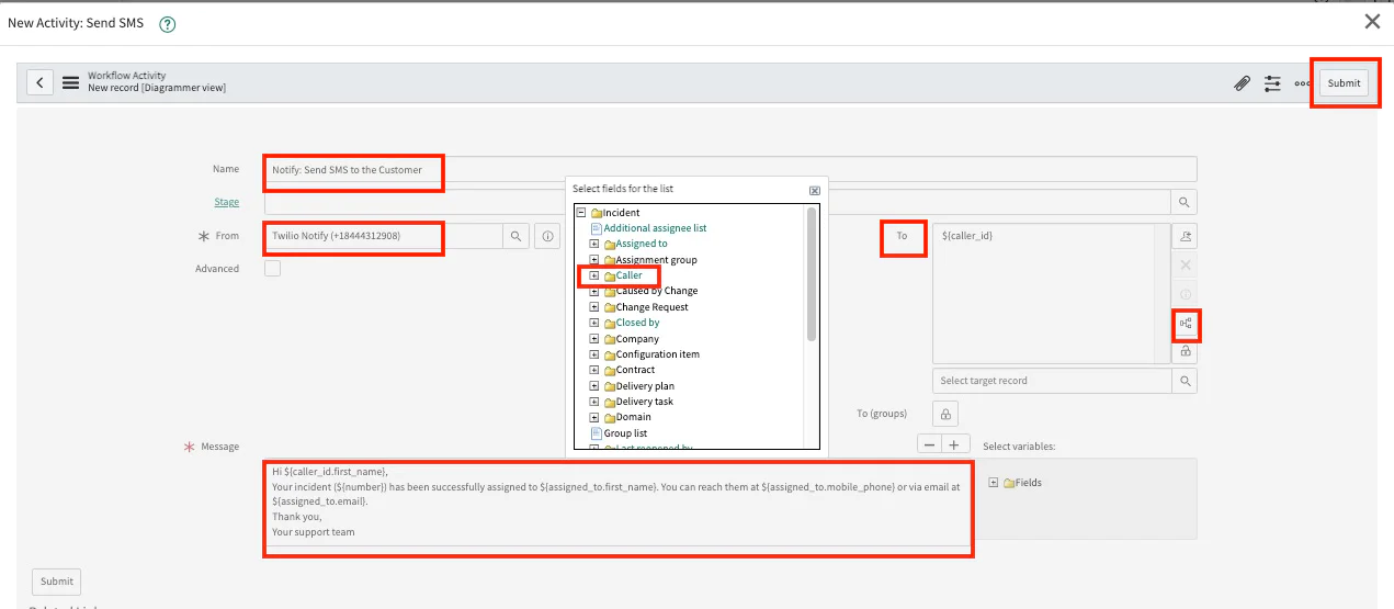 Screenshot of a software interface creating a workflow to send an SMS notification to a customer. Notify: Customer Case Assigned-SEND SMS