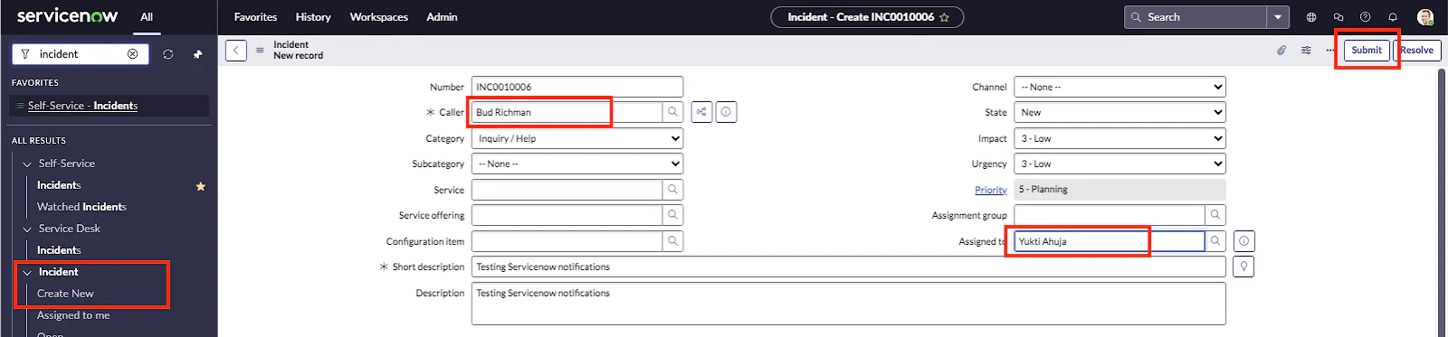 ServiceNow interface displaying a new incident creation form with fields for Caller, Category, Assignment group, and more. Notify: Customer Case Assigned- Create Incident