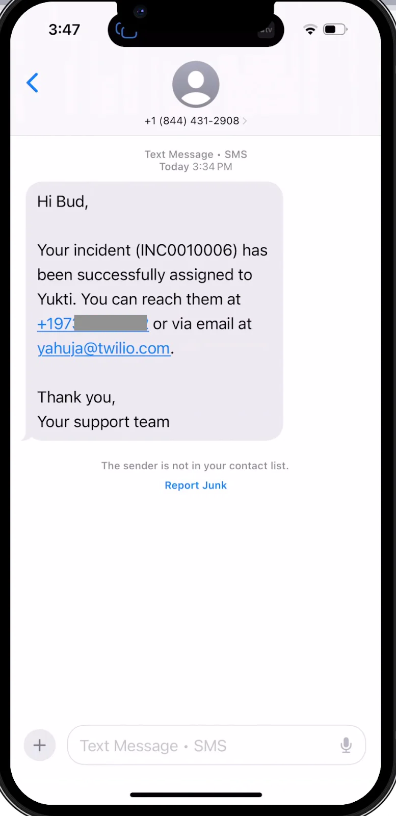 Confirmation of Incident Assignment via SMS Notify: Customer Case Assigned-Phone screen