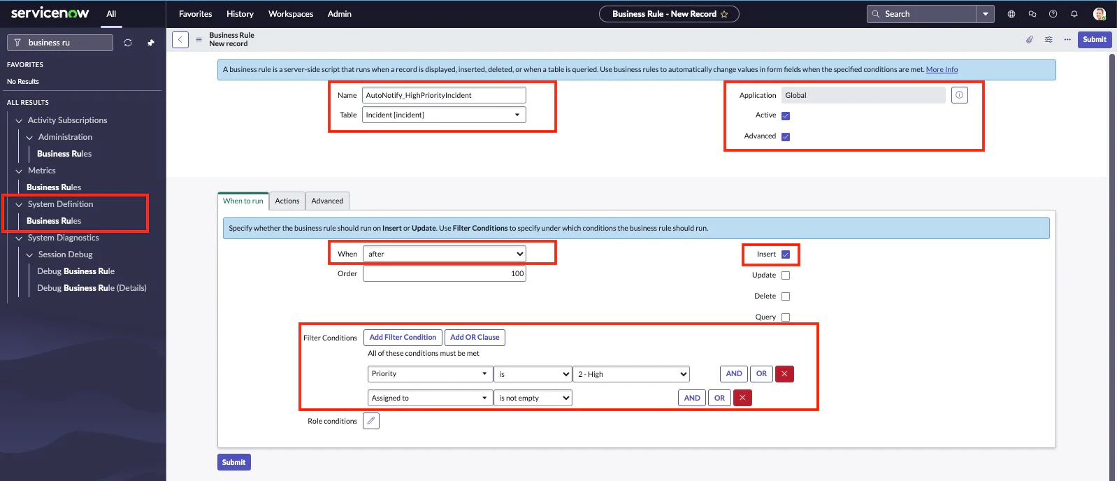Screenshot showing the ServiceNow interface for configuring a business rule with various conditions and actions. business RUles