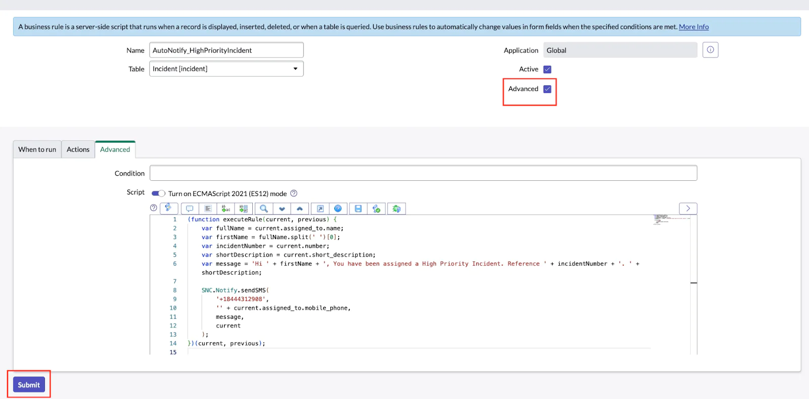 Screenshot of the ServiceNow interface showing the creation of a business rule for high priority incidents business Rules Advance
