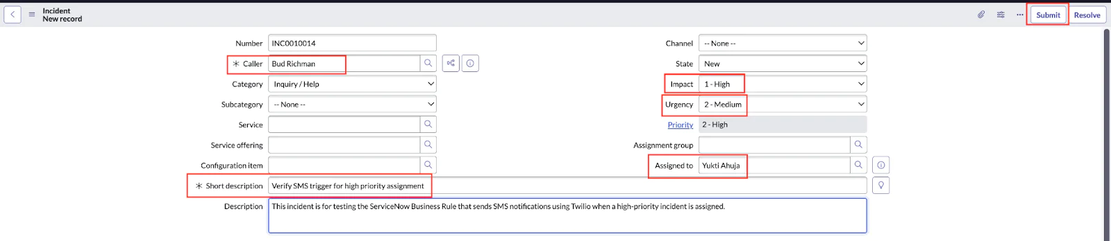 Screenshot of an incident management record entry form with details including caller, short description, and priority. incident-new businessrules