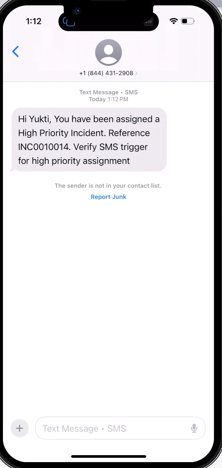 Urgent High Priority Incident Alert incoming message on my phone