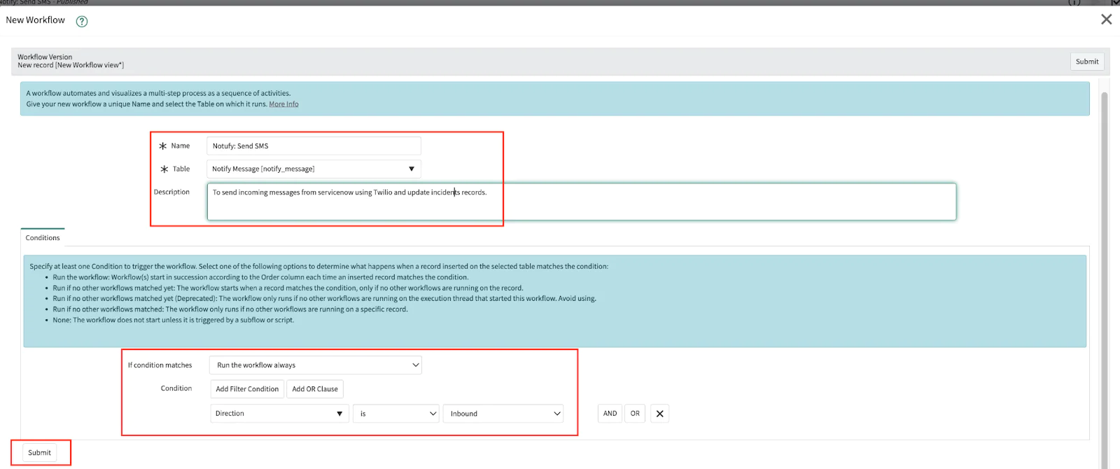 Screenshot of a workflow creation interface showing fields for name, description, and conditions with inbound email rules. createworkflow