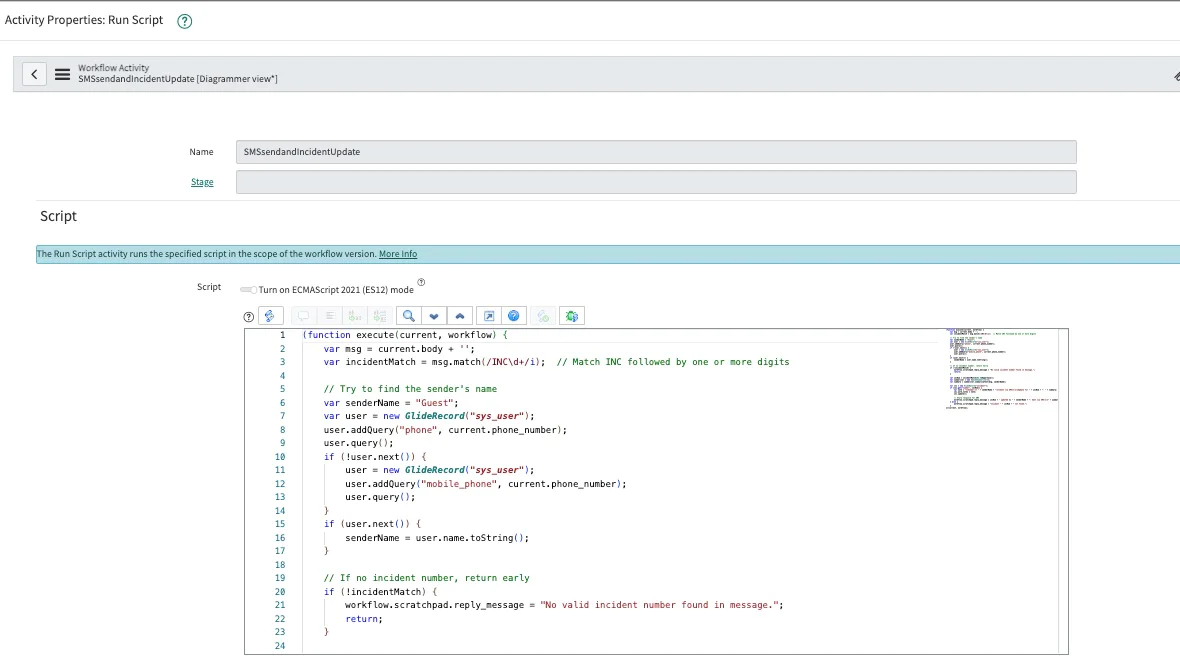 Interface showing a script editor for a workflow activity with code and a run script option. RunScript