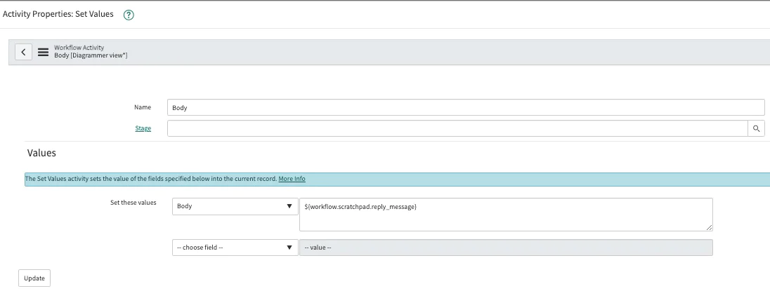 Screenshot of interface showing Workflow Activity Properties with fields for setting values. SetValues