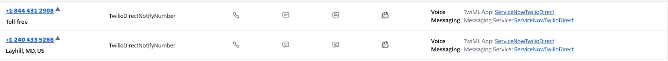 Two Twilio client service listings with toll-free and local phone numbers. console number config