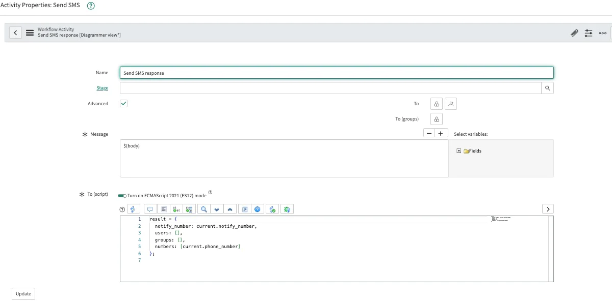 Screenshot of the Send SMS activity properties configuration window. sendSMS