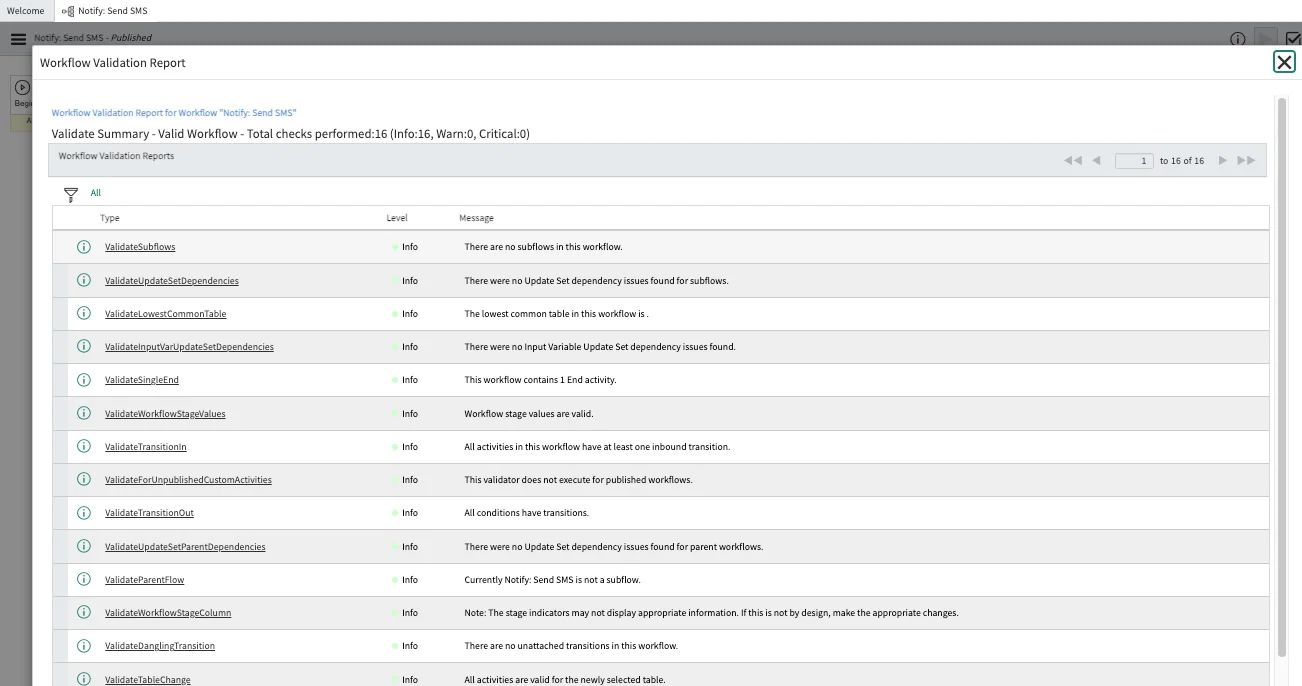 Screenshot of a workflow validation report showing no critical errors found in various validation checks. ValidateFlow