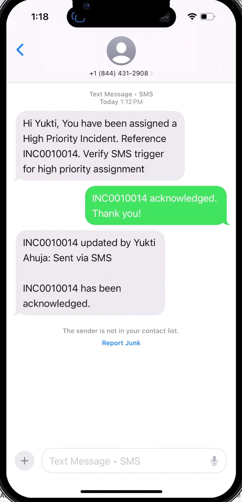 High Priority Incident Assignment SMS Communication phone screen