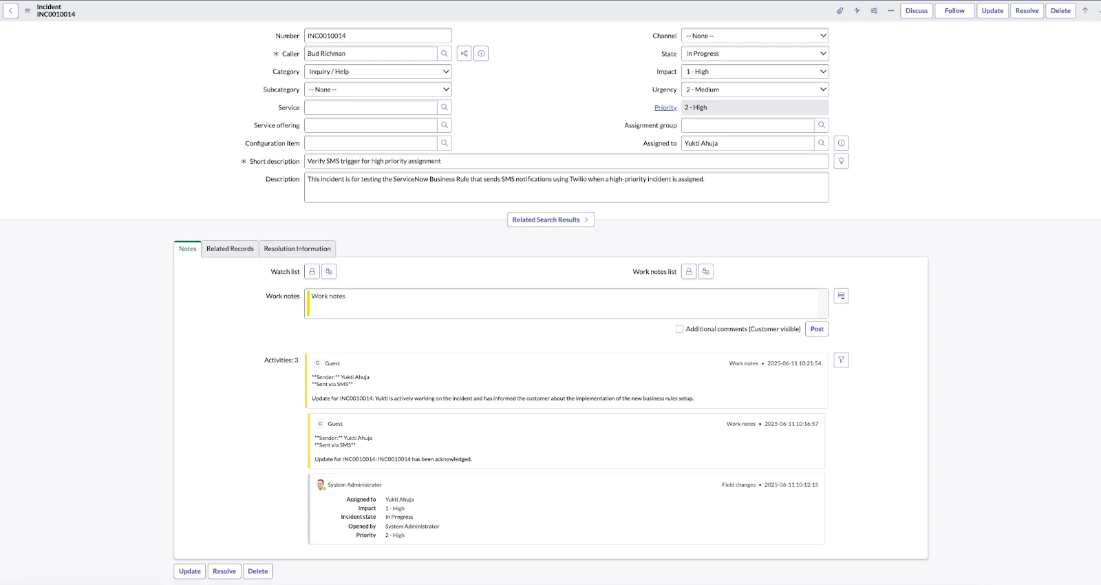 Screenshot of a customer service management dashboard showing case details and interactions. Handling incoming message Incident update