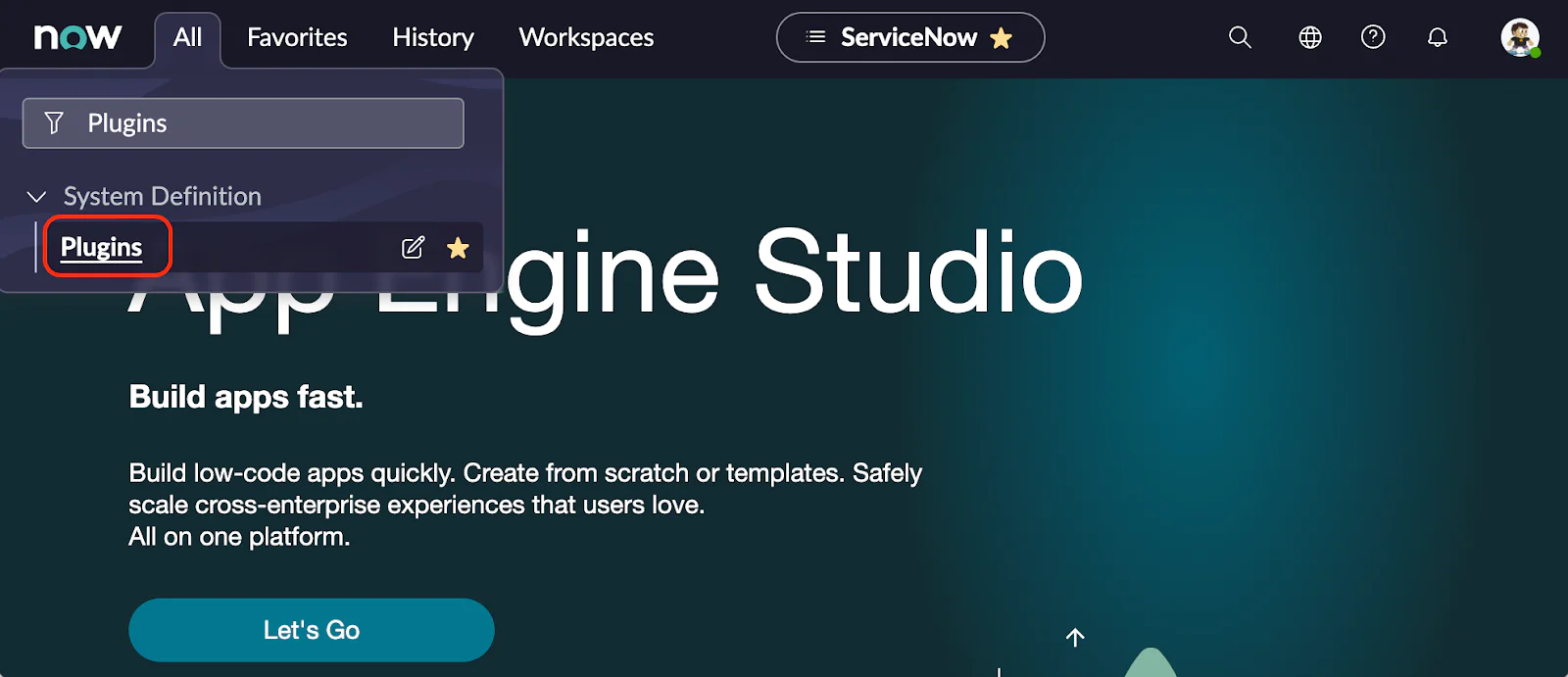 Search bar with Plugins input and highlighted selection in ServiceNow platform. Servicenow plugins