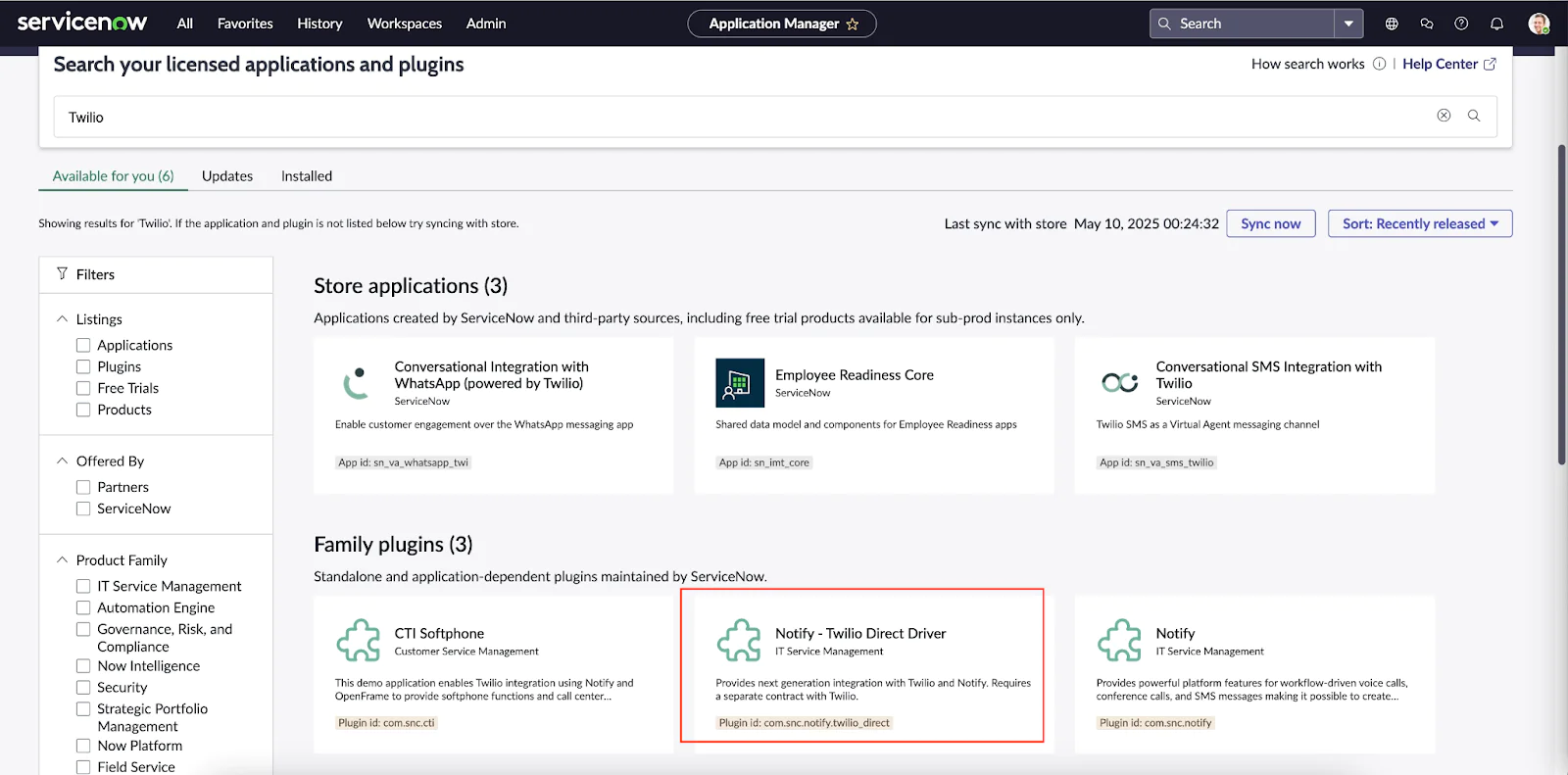 ServiceNow Application Manager showing Twilio-related applications and plugins with search results. notify plugin