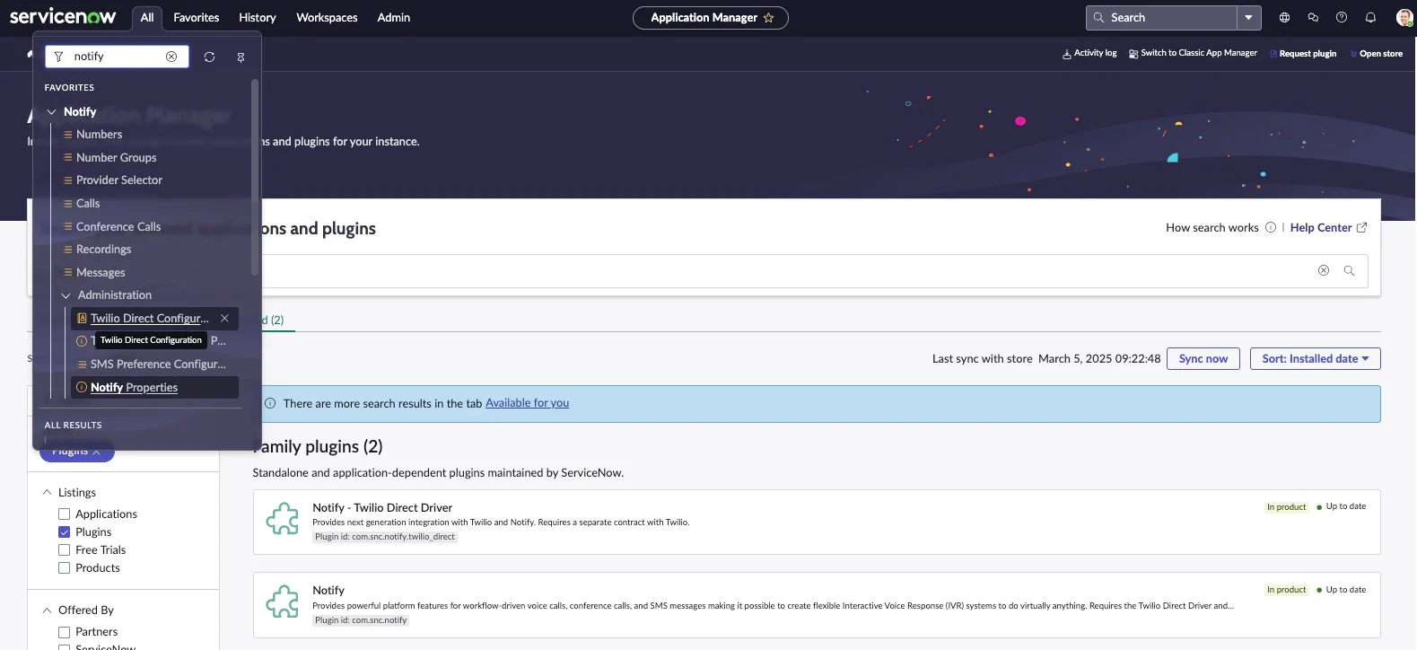ServiceNow web interface showing search results for 'notify' under the Application Manager. notify configuration