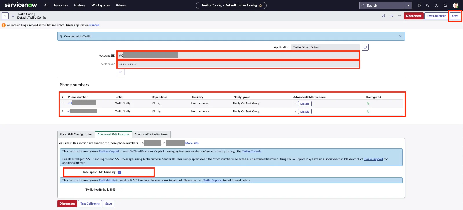 Screenshot of ServiceNow Twilio configuration page showing phone numbers and options for adding or disconnecting. configure phone number in servicenow