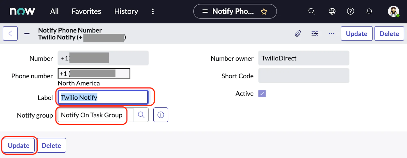 ServiceNow interface showing configuration of Twilio Notify phone number with fields for label and notify group. configure group in notify