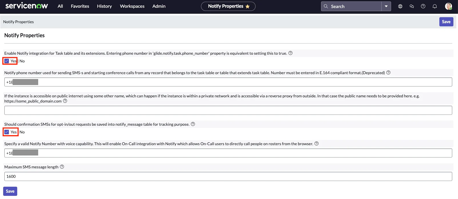 Configuration options for Notify properties in ServiceNow with SMS settings and confirmation triggers. configure notify properties
