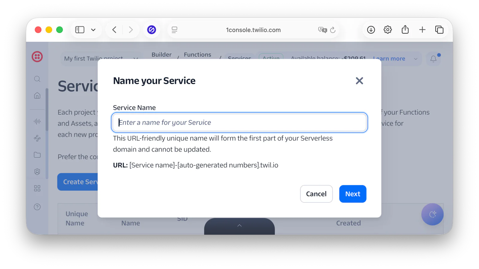Twilio console prompts user to enter a service name for serverless domain creation.